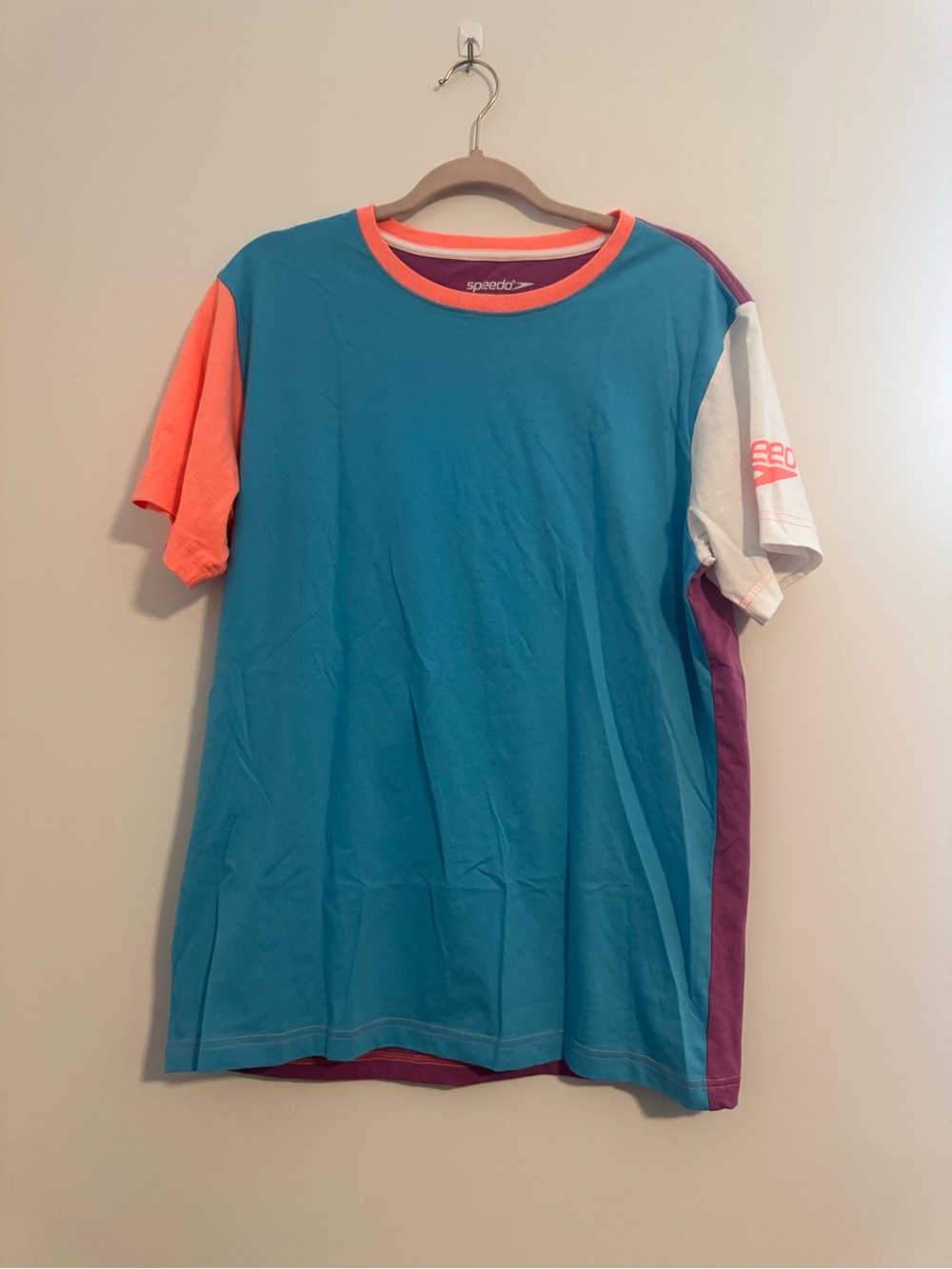 Men’s Speedo Colorblock Tee in Teal with Coral & White Accents